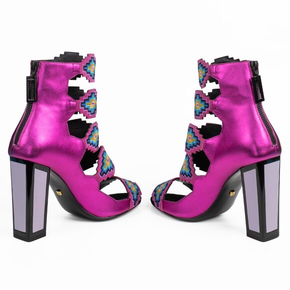 Kat Maconie Thea Metallic Fuchsia Pink Leather Embroidered Aztec Sandals sz 8 - Picture 5 of 11